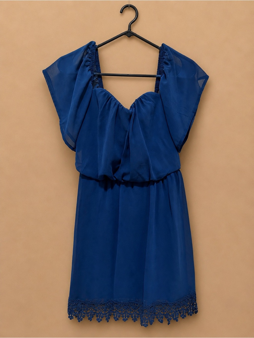 Socialite Cobalt Blue Chiffon Mini Dress with Lace Hem